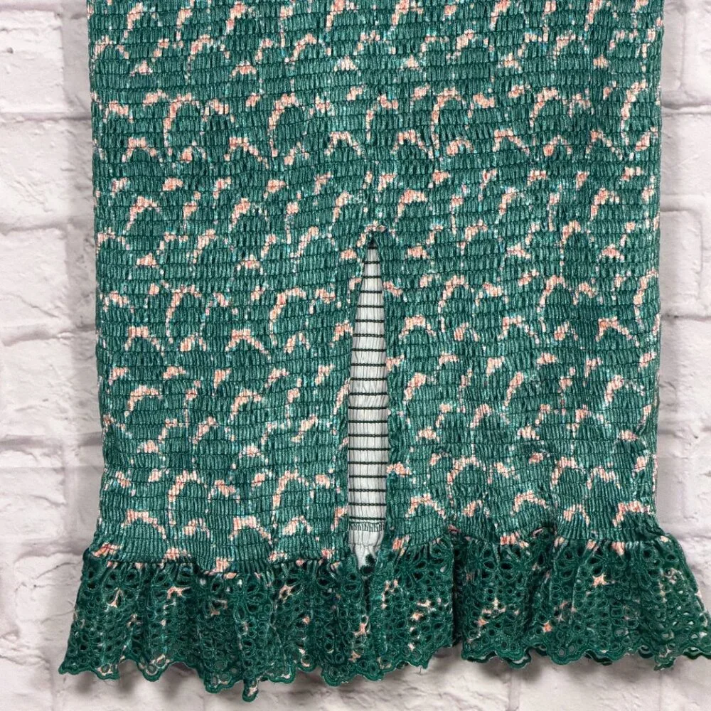 Free People Green Smocked Midi Dress Ruffle Sleeve Floral Bodycon Boho - Picture 6 of 11